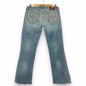 Y2K Antik Denim Jeans Low Rise 29 Cropped Embroidered Pockets 90s Light Wash